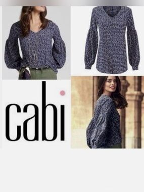 Cabi Love Script Print V-Neck Balloon Sleeve Blouse Size M